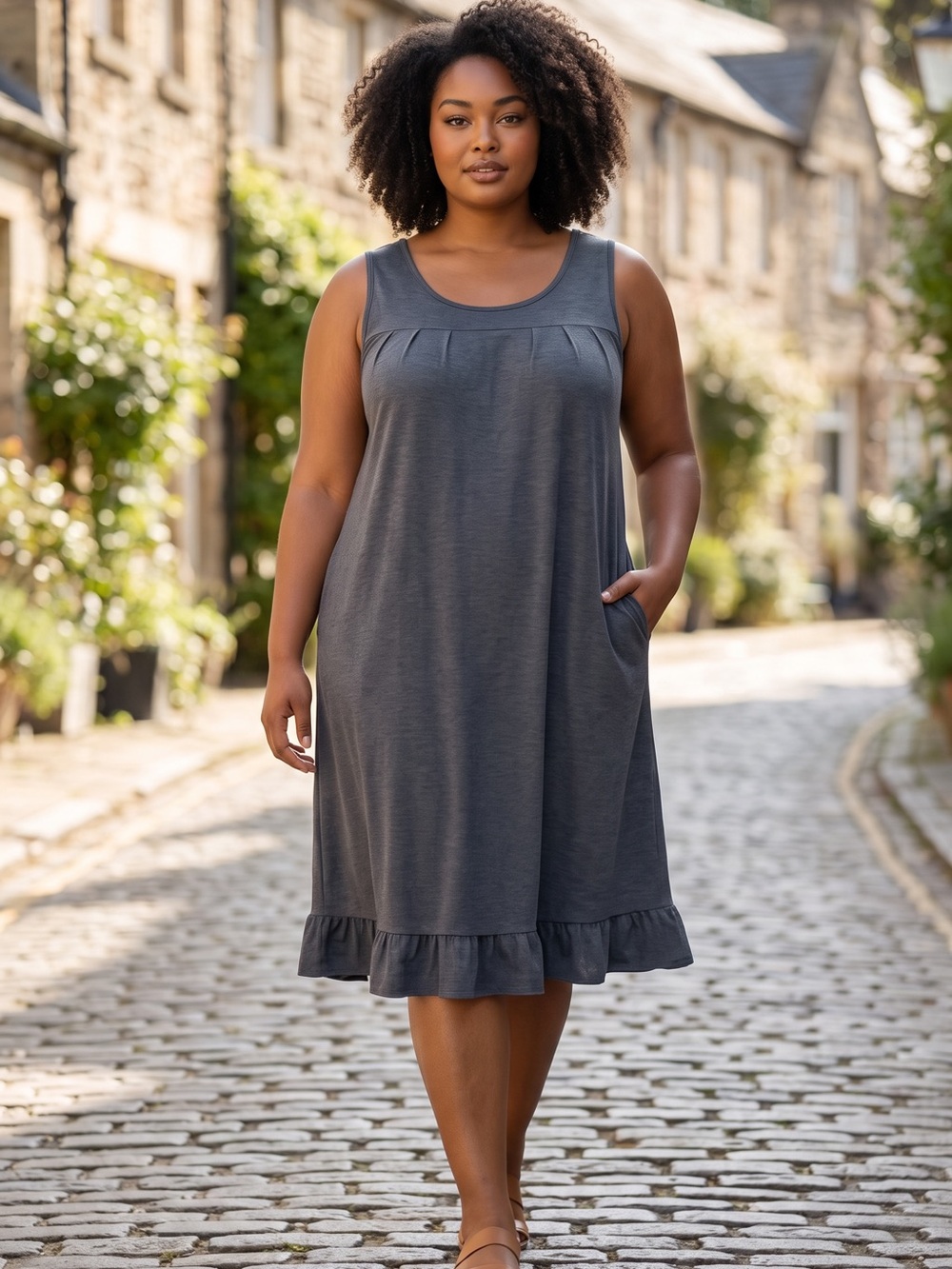 SHEIN Charcoal Gray Sleeveless Ruffle Hem Midi Dress